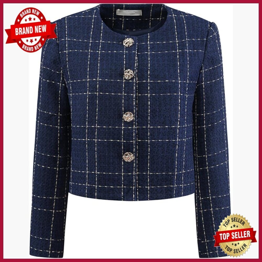 Crop Tweed Blazer Collarless Button Front Long Sleeve Classic Fit